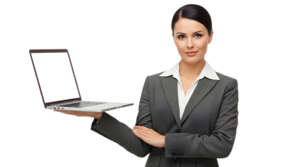 Professional Business Woman Presenting Silver Laptop with Blank White Screen isolated PNG with Transparent Background