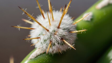 Intricate macro detail of a cactus areole with soft white fuzz and golden spines on a vibrant