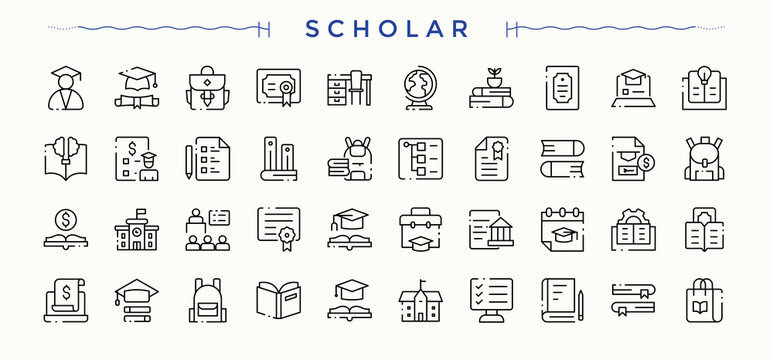 Set of Scholarship line icon. Academic minimalist icons collection. Minimalist icons collection. College icon set. Vector illustration. Pixel perfect.