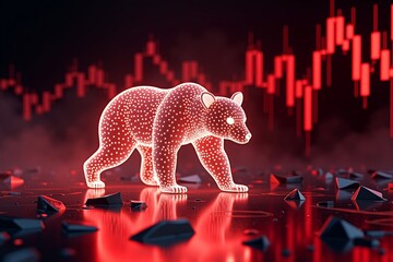 A glowing red bear symbolizes a market downturn, standing amidst shattered fragments with a downward-trending stock chart in the background  representing financial decline or bearish sentiment.