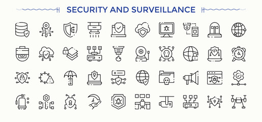 Security And Surveillance icon set. Contains outline symbols like guard, cctv, safe, lock, secure and more. Protect icon set. Modern linear icons. Editable stroke.