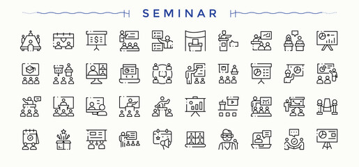 Seminar linear icon set. Outline icons pack. Vector collections. Discussion modern icon set. Contains outline symbols like education, meet, conference, presentation and more.