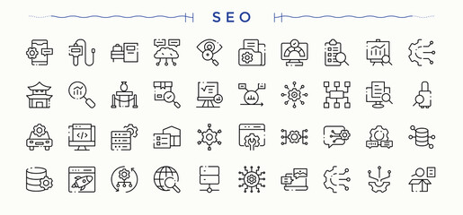 SEO icon set. Minimal icons pack. Web modern icon set. Contains such icons as optimization, promotion, marketing, search engine, keyword and more.