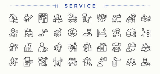 Service modern icon set. Guide collection for mobile and web apps. Outline icons collection. Support line icon set. Editable stroke. Pixel Perfect.