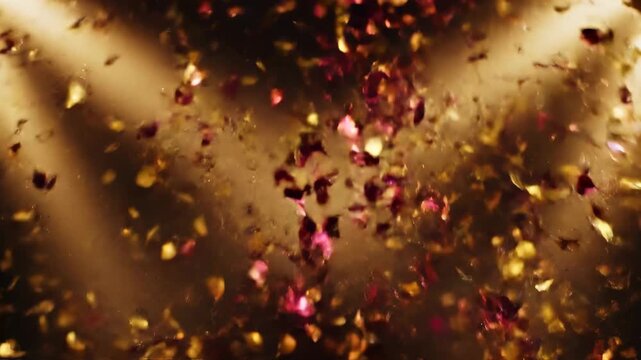 Ultra slow motion capture of glittering gold and deep ruby maroon metallic confetti drifting elegantly through warm golden theatrical lighting overlay, seamless loop, warm golden theatrical lighting