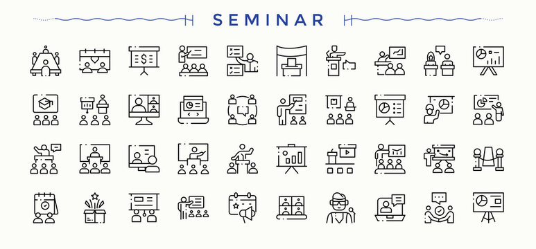 Seminar linear icon set. Outline icons pack. Vector collections. Discussion modern icon set. Contains outline symbols like education, meet, conference, presentation and more.