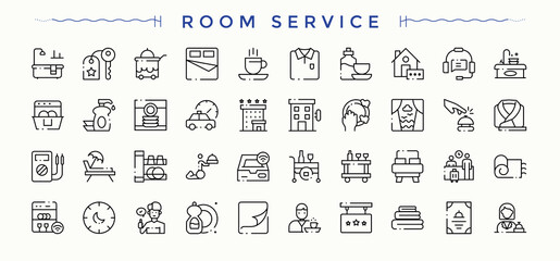 Room Service icon set. Care icon set. Minimal icons pack. It contains symbols to room, service, building, care and more. Signs for web and mobile app.