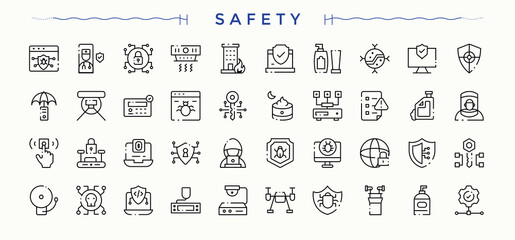 Safety icon set. Contain linear sign safe, lock, security, protection and more. Prevention simple icon set. Web icons pack. Vector illustration in modern line style.
