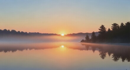 Obraz premium A serene sunrise over a misty lake with forest silhouettes on the shore