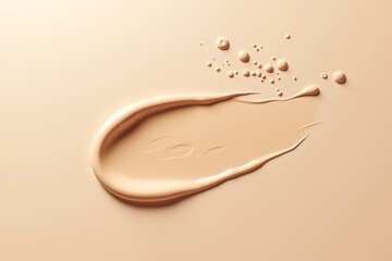 Creamy foundation spread on beige surface, droplets scattered nearby. Soft lighting, minimalist beauty product shot.