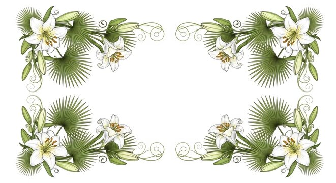 White lily and palm leaf corner ornament design for Palm Sunday or other religious Easter event greeting card frame or border.