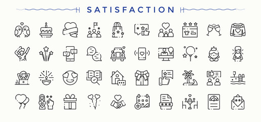 Satisfaction icon set. Feedback icon. Icons for UI designs. Pictograms of experience, positive, feedback, happy, testimonial, like and more. Editable vector art and illustration.