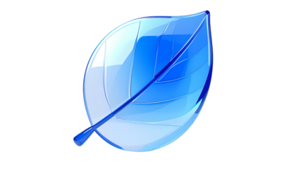 A glossy, stylized, blue leaf graphic with highlights against a black background