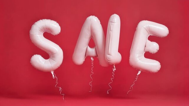 White balloon letters spelling sale float above pink floor with thin strings offering playful modern promotion backdrop for retail marketing and social media