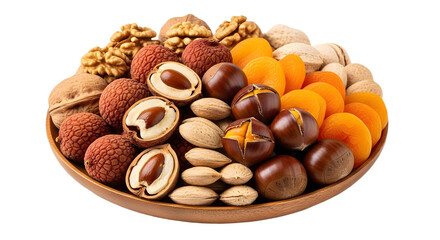 Mixed Assortment of Fresh Lychees, Walnuts, Almonds, Chestnuts, Dried Apricots, Pistachios Product Shot on Wooden Plate isolated PNG with Transparent Background