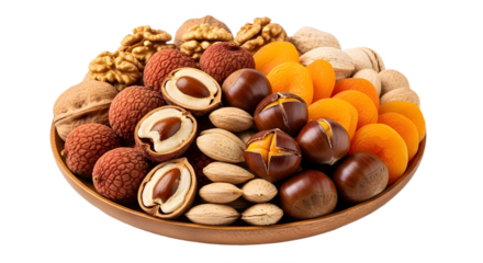 Mixed Assortment of Fresh Lychees, Walnuts, Almonds, Chestnuts, Dried Apricots, Pistachios Product Shot on Wooden Plate isolated PNG with Transparent Background