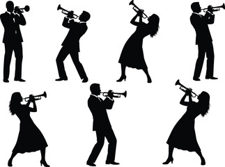 Black silhouettes of male and female jazz musicians playing trumpet in various performance poses, musical instrument vector illustration isolated on white background set © MstSahanaj