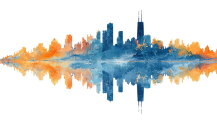 Abstract watercolor representation of a city skyline reflected in a body of water
