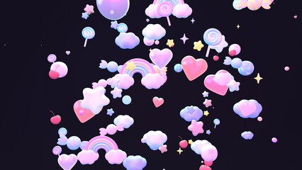 3D render cartoon rainbows, candies, stars, hearts, and clouds in the sky.