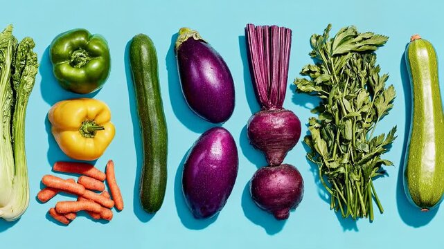 Row of colorful fresh vegetables arranged neatly on blue background represents healthy vegan nutrition cooking ingredients and clean food lifestyle concept