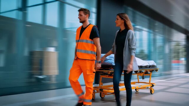 A medical professional and a worried companion move urgently with a stretcher in a contemporary hospital corridor. The image captures fast paced emergency care and collaboration in a city environment