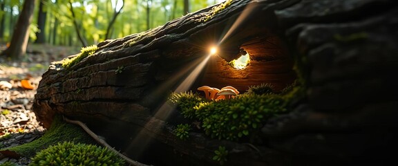Sunlight streams into a decaying, hollow log, illuminating moss and fungi, woodland scene,  forest,  moss