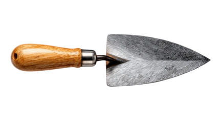 Metal trowel with wooden handle durable hand tool for masonry gardening construction isolated on white background