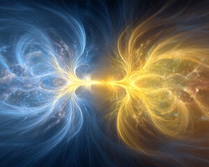 Plasma field between atomic cores showing quantum interference in yellow-blue