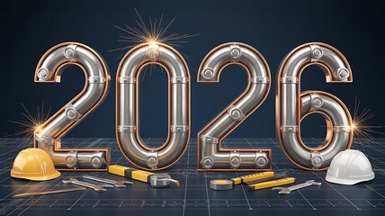 2026 industrial metallic numbers with construction tools and hard hats