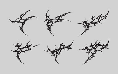 Set Pack Neo Tribal Skeletal Web Sigilism: Asymmetrical Cyber Gothic Vector, Sharp Black Lines, Abstract Bio-Organic Spider Aesthetic for Dark Metal Streetwear and Techwear Graphic Design Branding.