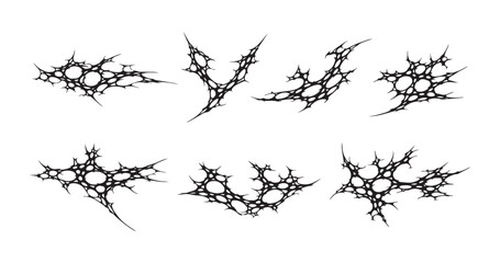 Set Pack Neo Tribal Skeletal Web Sigilism: Asymmetrical Cyber Gothic Vector, Sharp Black Lines, Abstract Bio-Organic Spider Aesthetic for Dark Metal Streetwear and Techwear Graphic Design Branding.