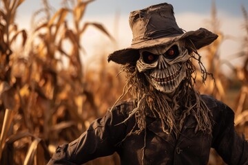 Sinister scarecrow with red eyes and sharp teeth protects corn crop at sunset