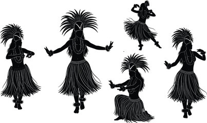 Black silhouettes of traditional hula dancers in grass skirts and feather headdresses performing Hawaiian dance, cultural tropical vacation vector illustration isolated set © MstSahanaj