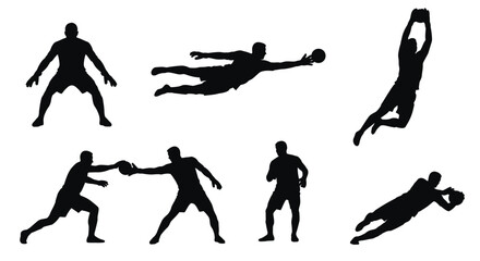 Dynamic Soccer Goalkeeper Silhouettes Set: Football Player Actions, Diving Saves, Catches, and Ready Stances for Sports Design