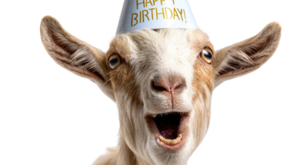 Meme goat screaming happy birthday funny celebration character with expressive face cartoon illustration on white background