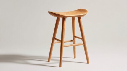 A wooden stool with smooth lightly browned finish curved elevated seat ergonomic comfort four legged base crossbar stabi