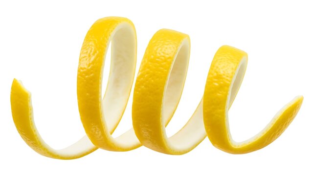 Vibrant lemon peel curls twisting in air, fresh and zesty citrus