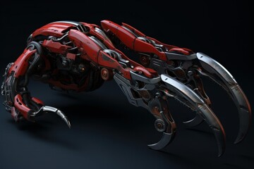 Red and steel robotic claw capturing on dark background, futuristic artificial intelligence concept