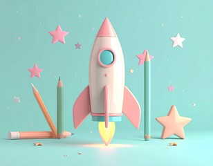 Whimsical illustration of a rocket ship with pencils and stars on a teal background