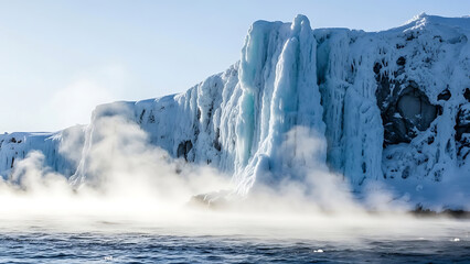 Fototapeta premium Ice Cliffs and Steam Over Cold Ocean