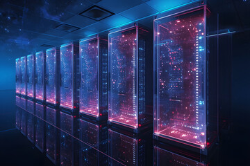 A high-tech data center with rows of illuminated server racks in a darkened environment, showcasing advanced computing infrastructure and technology