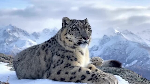 Snow leopard resting on a snowy mountain peak with majestic snow-capped mountains and cloudy sky in the background