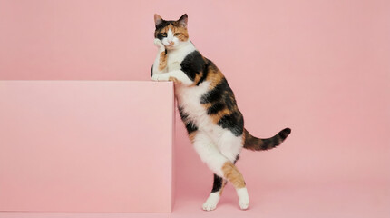 Humorous Cat Leaning on Table with Copy Space in Studio