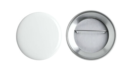 Two blank white round pinback buttons, one face up, one showing pin backing