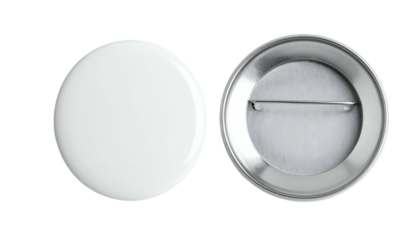 Two blank white round pinback buttons, one face up, one showing pin backing
