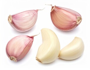 Cloves of garlic on a white backdrop, displaying texture and detail
