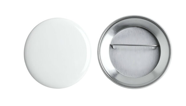Two blank white round pinback buttons, one face up, one showing pin backing