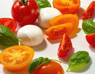 Fresh tomatoes, mozzarella, and basil arranged on a white surface