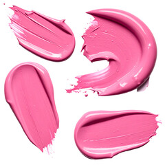 Four glossy pink cosmetic swatches with varying textures and edges, on a black backdrop