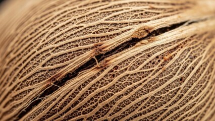 Intricate organic lattice pattern of a dried botanical structure in macro view